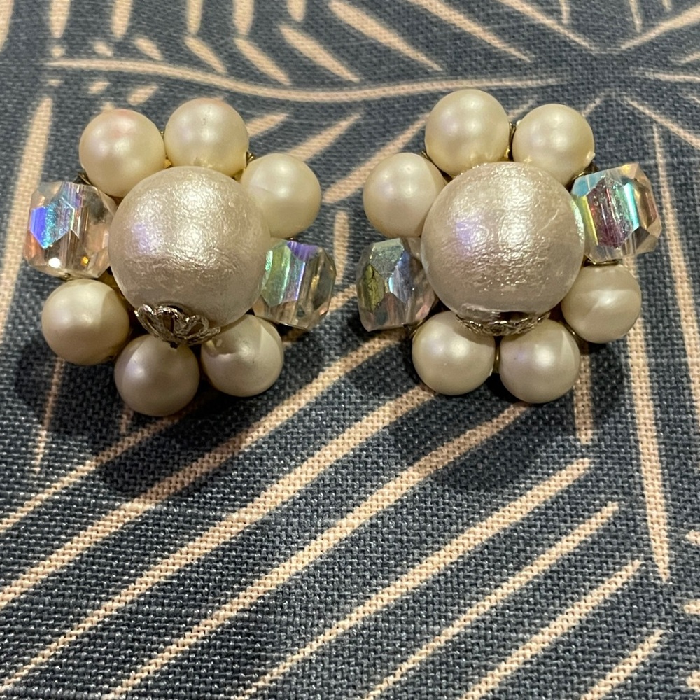 Vintage Pearl and AB Crystal clip Earrings